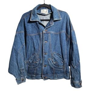 VTG‎ 80s Learsi Blue Slouchy Denim Jacket Bomber Button Up Dolman Sleeve Sz L